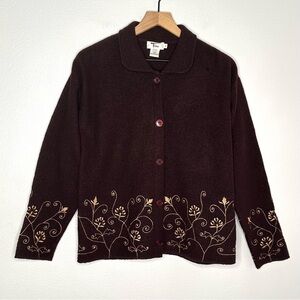 Vintage 100% Wool Tinu Cardigan Sweater Jacket Brown Embroidered Grandma Cottage